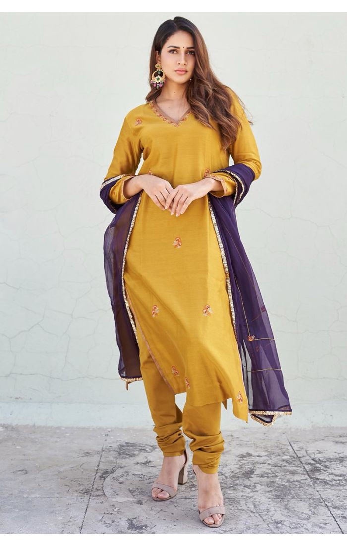 Elegant Mustard Gold Embroidered Cotton Suit with Deep Purple Dupatta for Festive & Wedding Wear UK and Canada