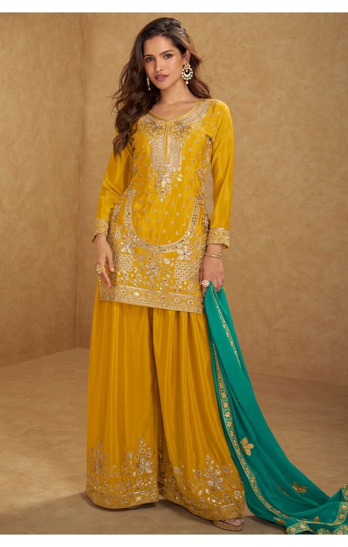 Mustard yellow real chinon embroidered salwar kameez with palazzo and green dupatta – festive ethnic wear.