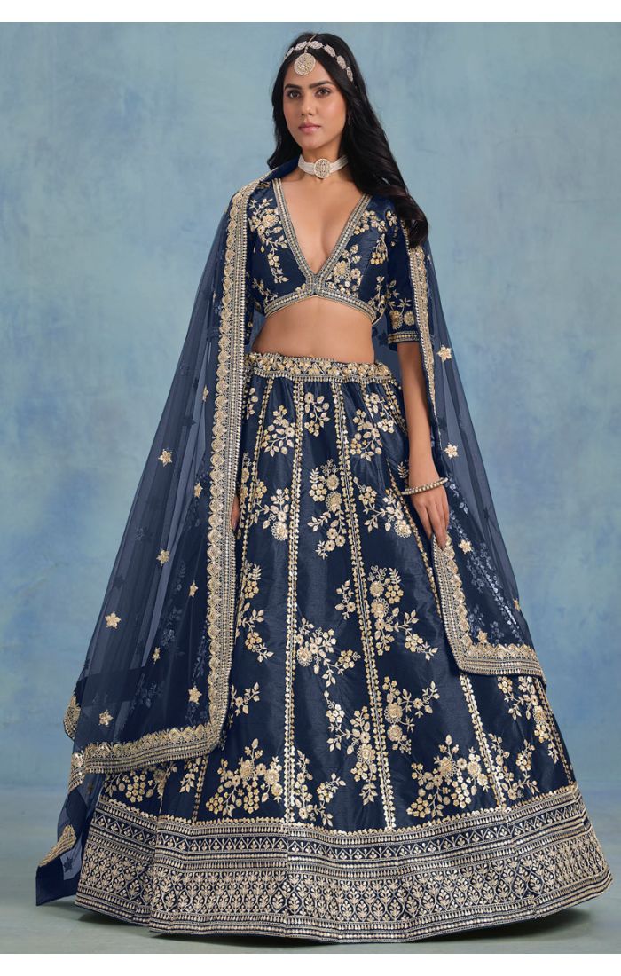 Navy blue lehenga with zari embroidery and scalloped dupatta – full view