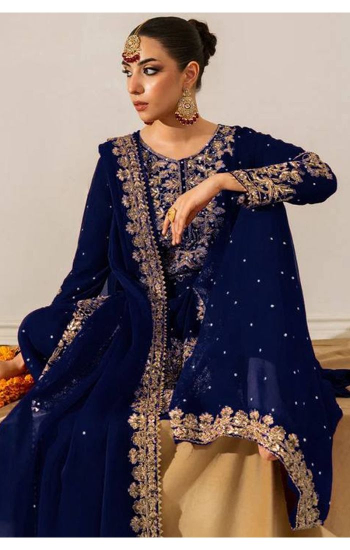 Elegant navy blue embroidered kameez with dupatta – festive party wear style.