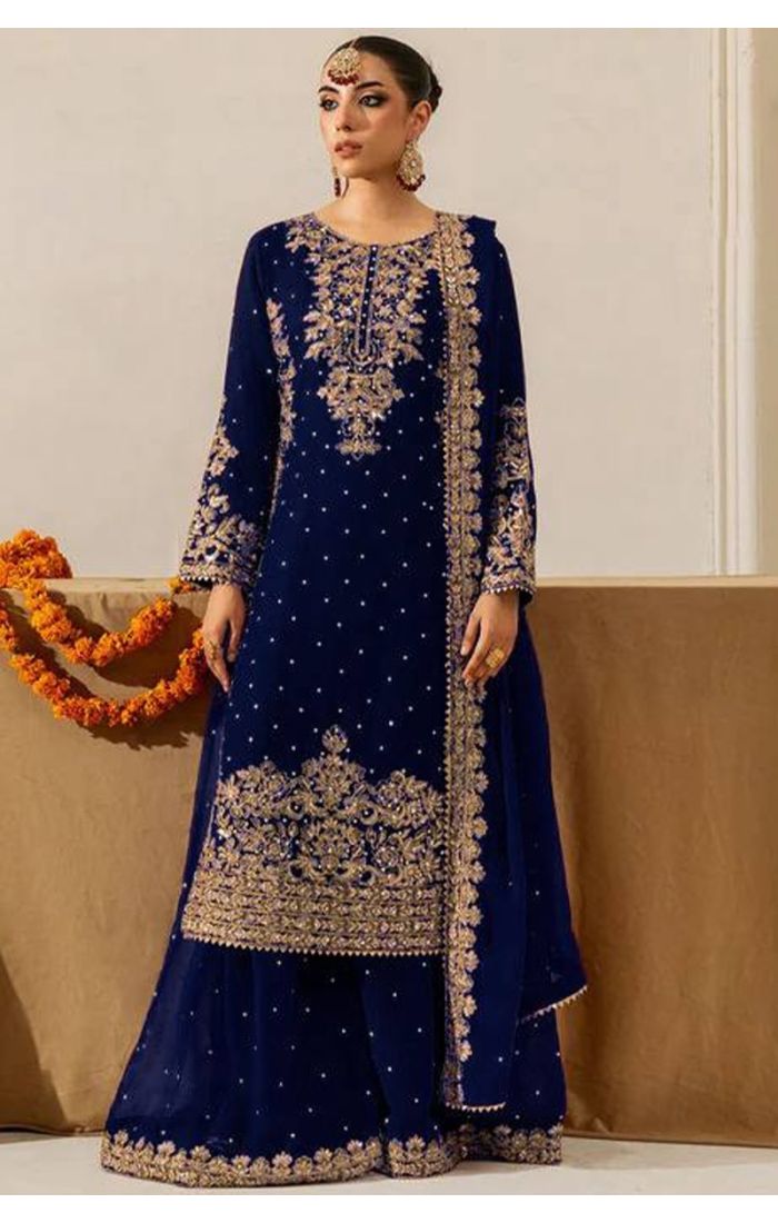 Navy blue faux georgette embroidered salwar kameez with dupatta full view – wedding and festive wear.