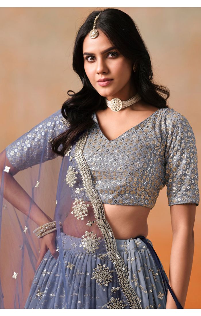 Navy Blue Georgette Bridal Lehenga Close-Up with Sequin Work – LEHV4040