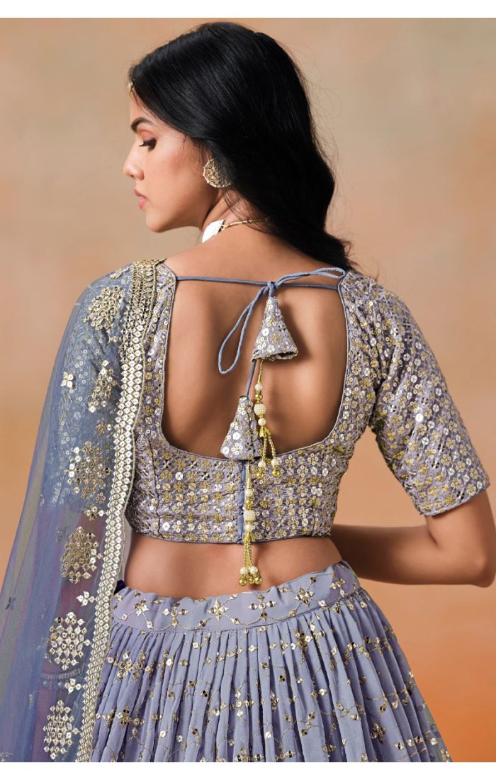 Navy Blue Georgette Bridal Lehenga Back Pose with Sequin Work – LEHV4040