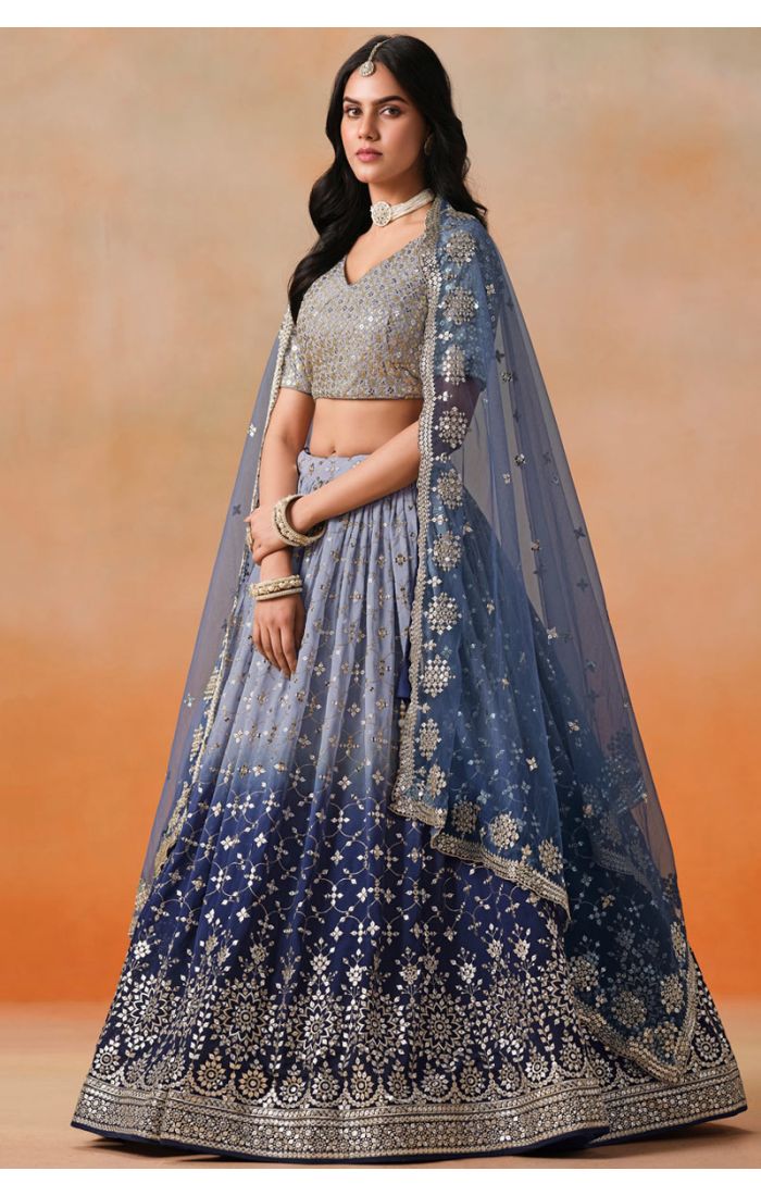 Full View of Navy Blue Bridal Lehenga with Net Dupatta in London UK