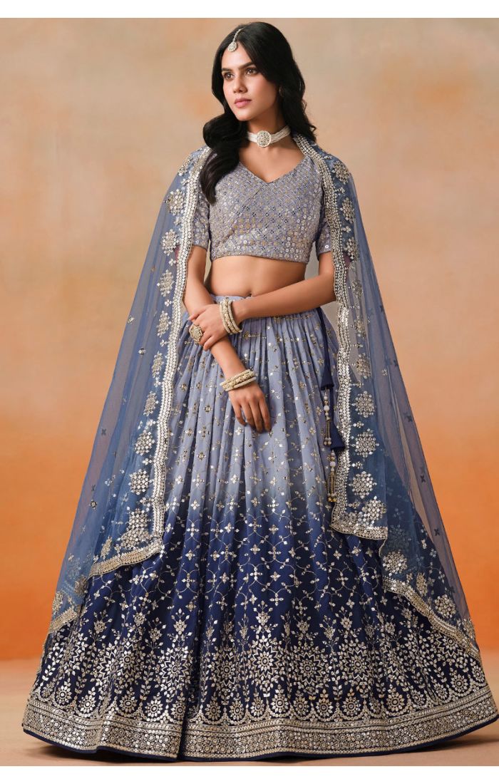 Full View of Navy Blue Bridal Lehenga with Net Dupatta