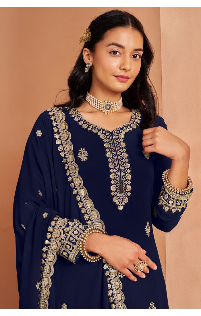 Close-up of Navy Blue Georgette Salwar Suit with Intricate Heavy Embroidery - SALV5760