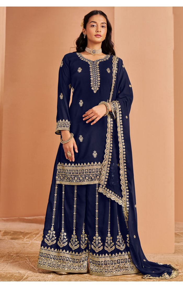 Navy Blue Georgette Embroidered Salwar Suit for Party and Festive Wear - SALV5760