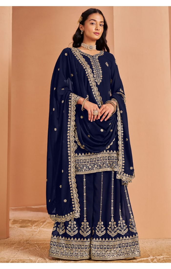 Navy Blue Georgette Party Wear Salwar Suit with Heavy Embroidery and Dupatta - SALV5760