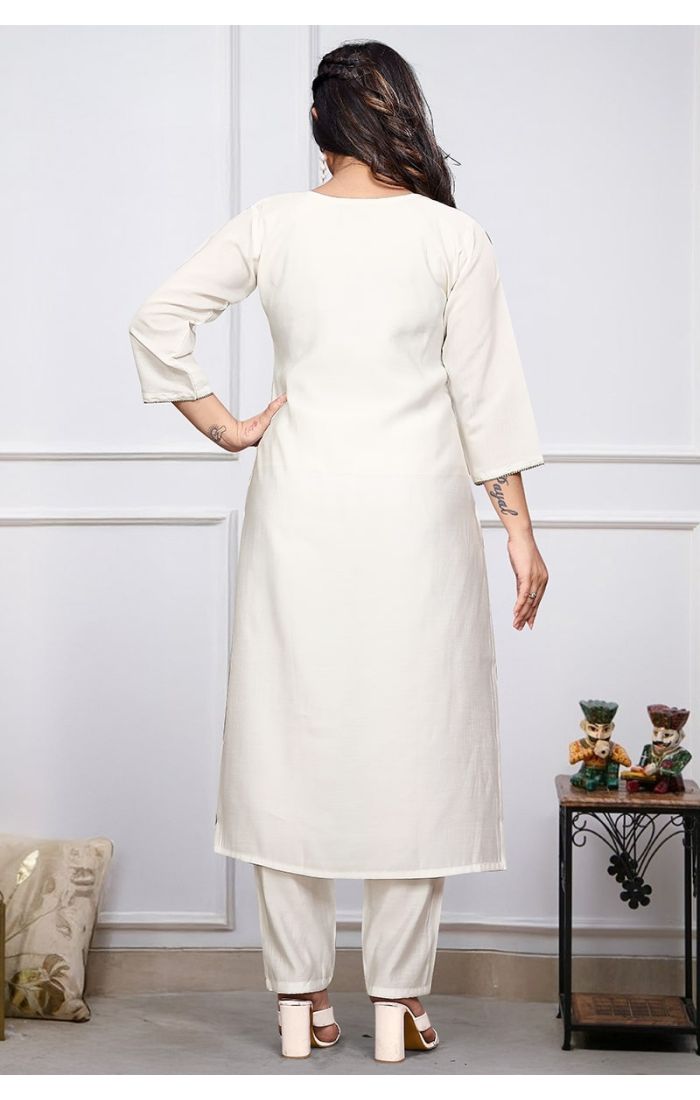 Off-white embroidered cotton kurti set with dupatta for wedding and festive wear