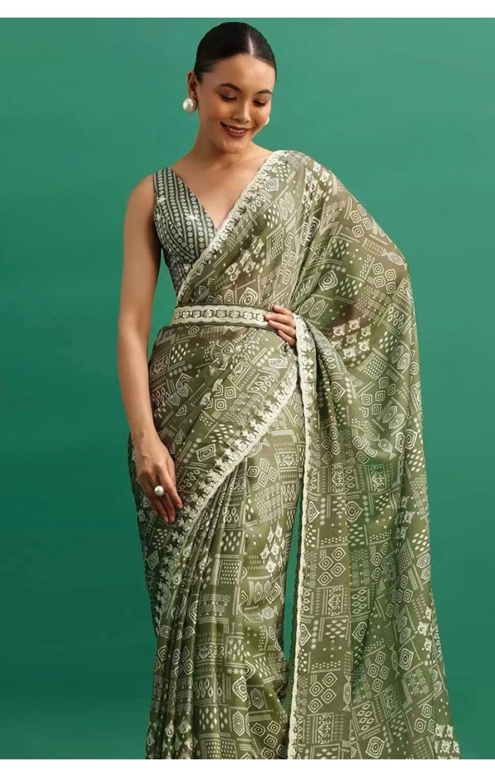 Olive Green Chinnon Silk Bandhej Saree with Embroidered Belt – Wedding & Festive Wear