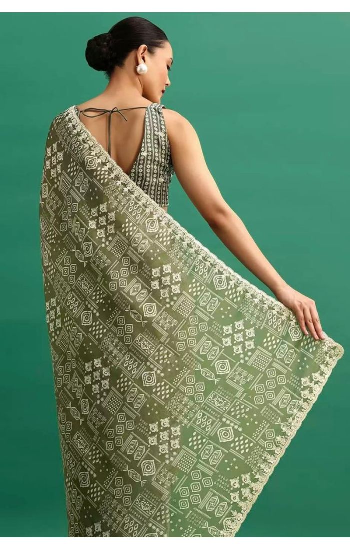 Olive Green Chinnon Silk Bandhej Saree with Embroidered Belt – Wedding & Festive Wear