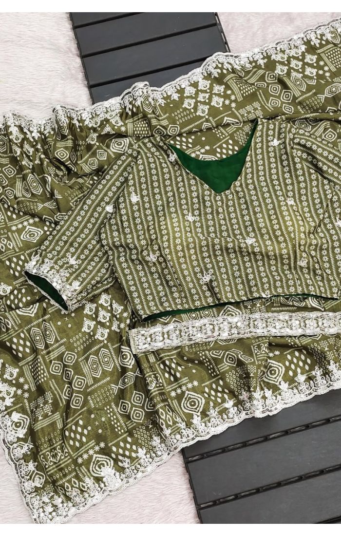 Olive Green Chinnon Silk Bandhej Saree with Embroidered Belt – Wedding & Festive Wear