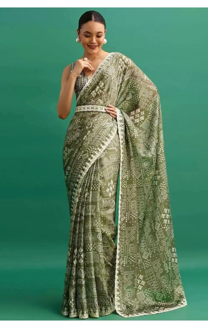 Olive Green Chinnon Silk Bandhej Saree with Embroidered Belt – Wedding & Festive Wear