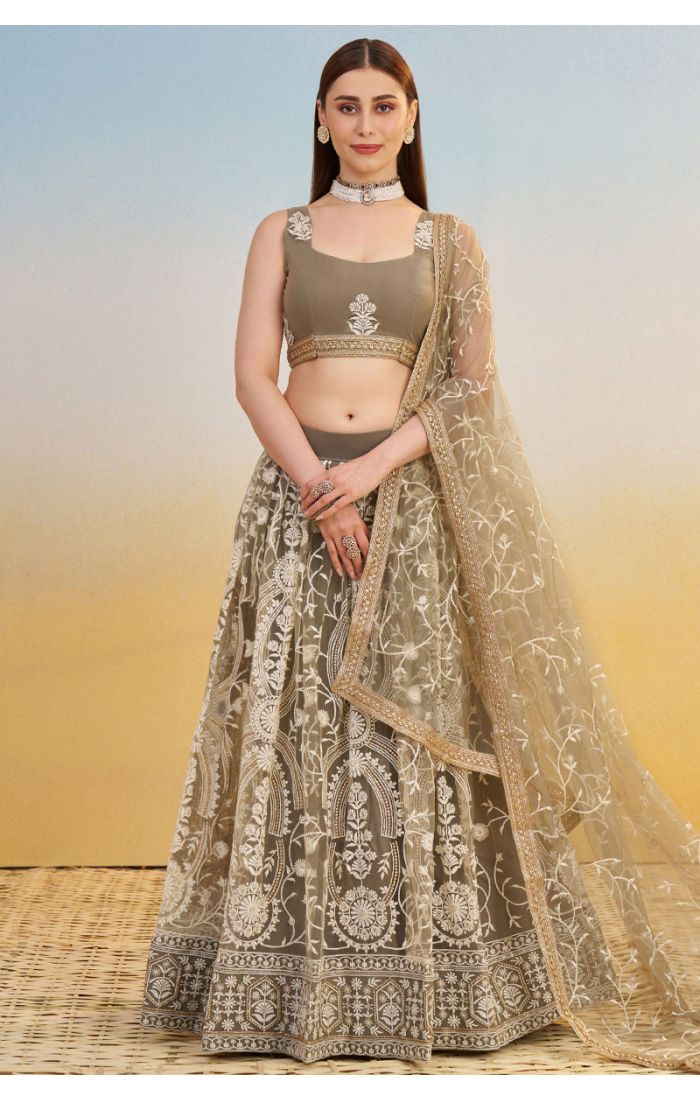 Olive green embroidered net lehenga with thread and zari work — full front view, elegant luxury party or wedding wear, Appelle Fashion.