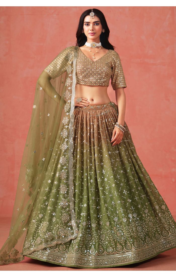 Full-Length Olive Green Georgette Lehenga Set with Net Dupatta
