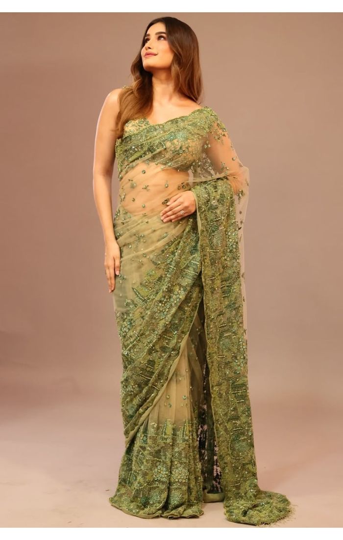  Full front view of olive green net saree with all-over sequin floral embroidery and sheer detailing.