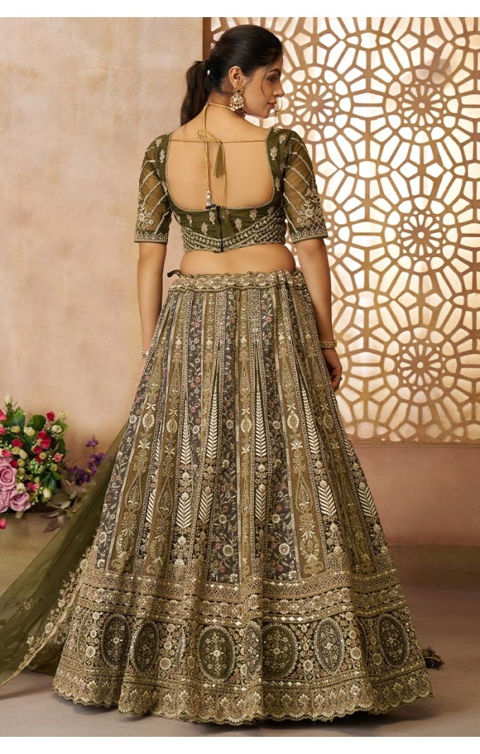 Back view of the blouse and lehenga dupatta of olive green bridal outfit