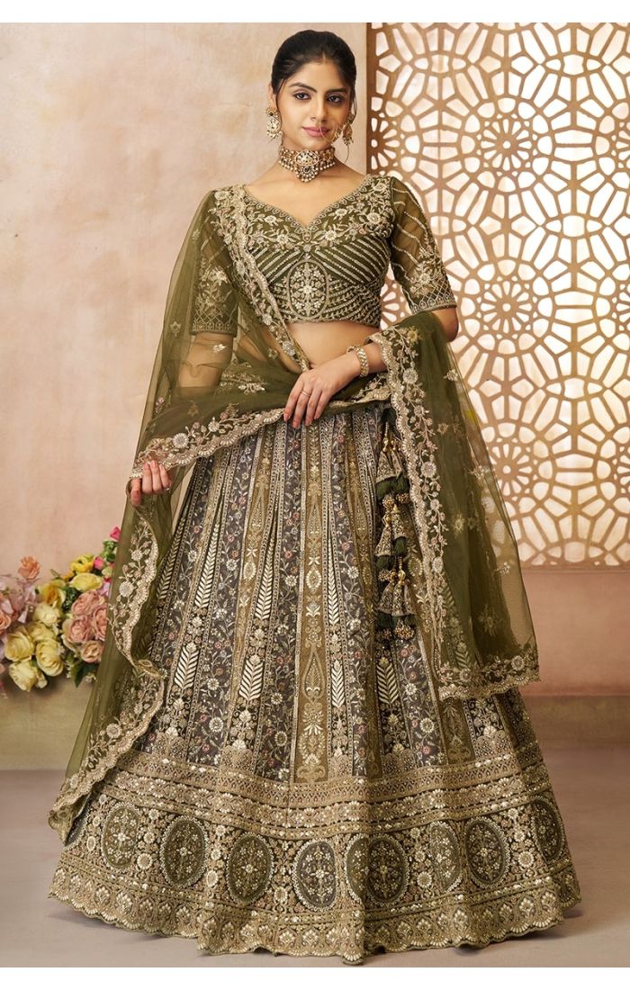 Front view of olive green bridal lehenga with thread embroidery – Mehendi outfit