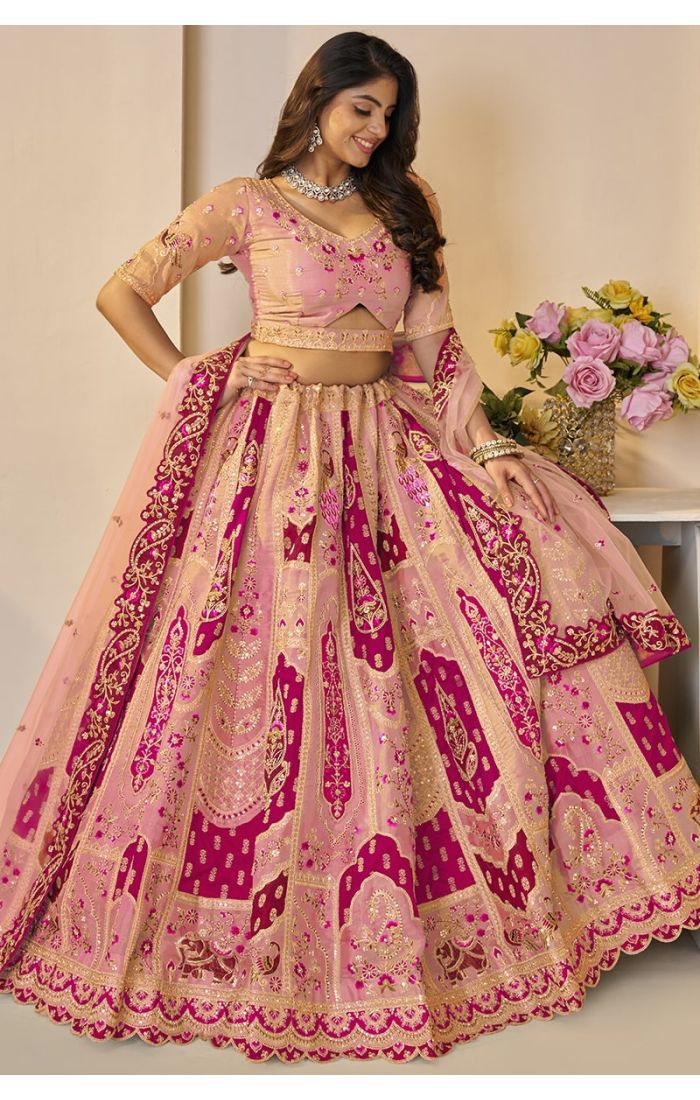 Side pose showing full lehenga flair and dupatta design in bridal outfit
