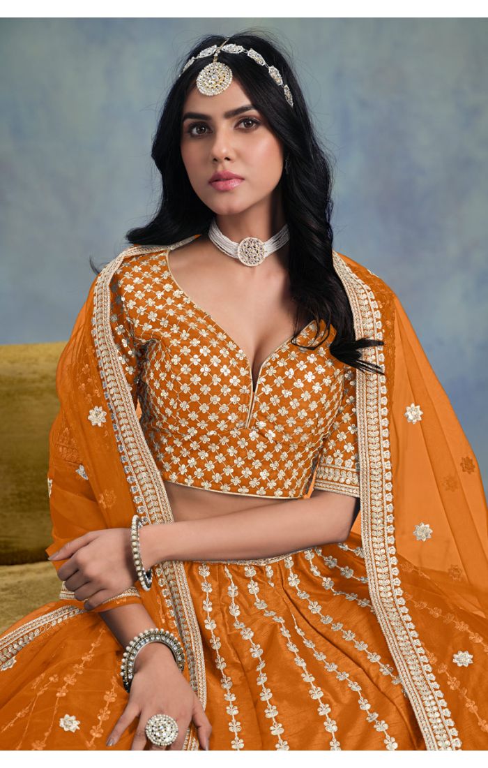 Orange lehenga choli close-up with sequin work – LEHV4056