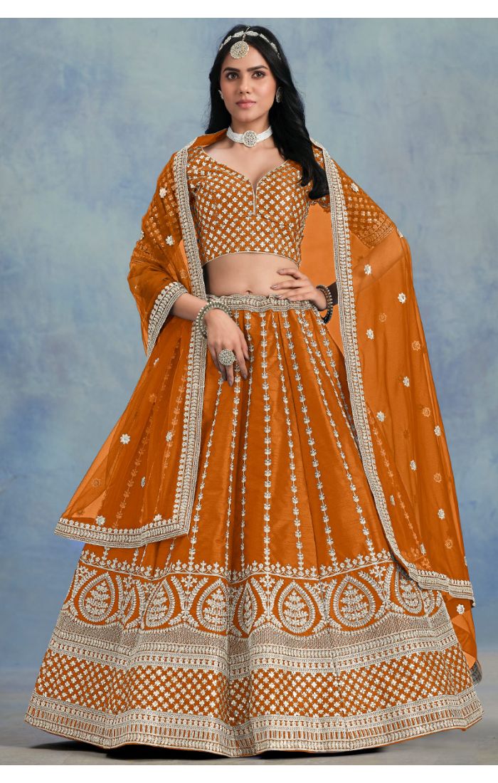 Orange embroidered lehenga choli front view – LEHV4056