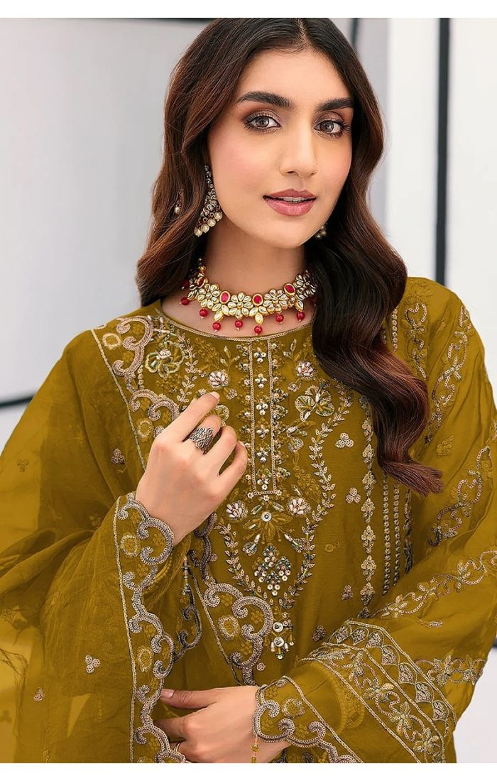 Mehendi green organza embroidered salwar suit with organza dupatta for festive wear