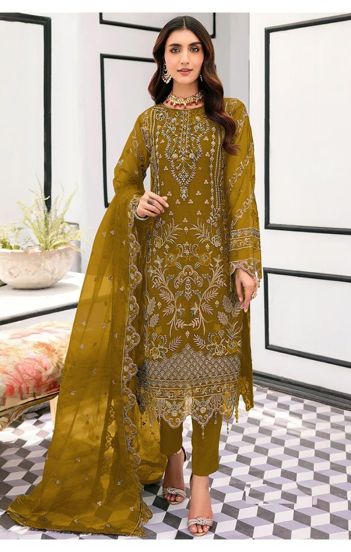 Mehendi green organza embroidered salwar suit with organza dupatta for festive wear