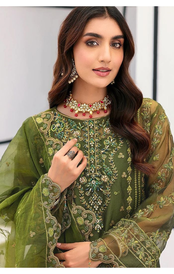 Olive green organza and santoon embroidered salwar suit with dupatta – festive ethnic wear for women in USA and UK