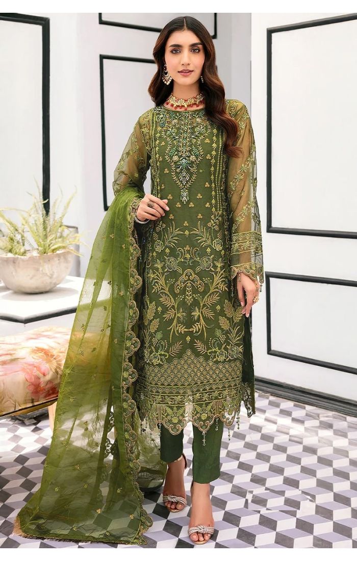 Olive green organza and santoon embroidered salwar suit with dupatta – festive ethnic wear for women in USA and UK