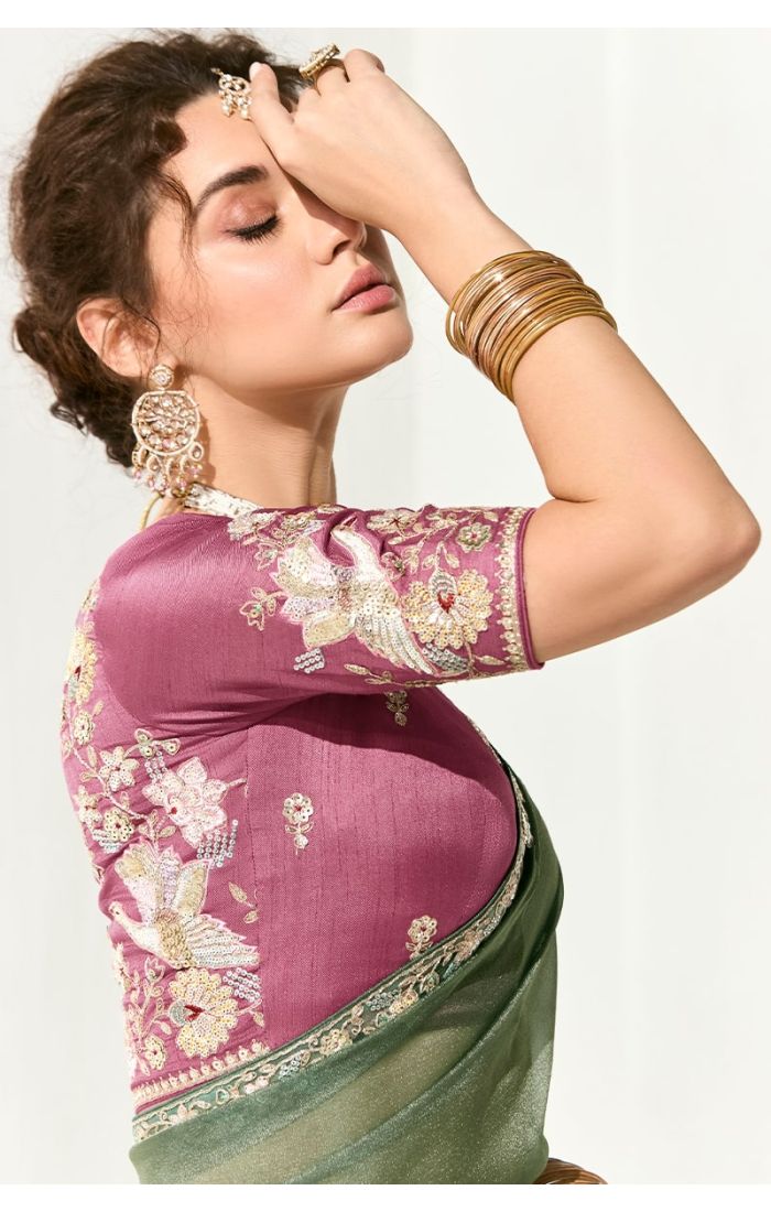 Close-up side profile showing blouse embroidery and sequin detailing – designer party saree