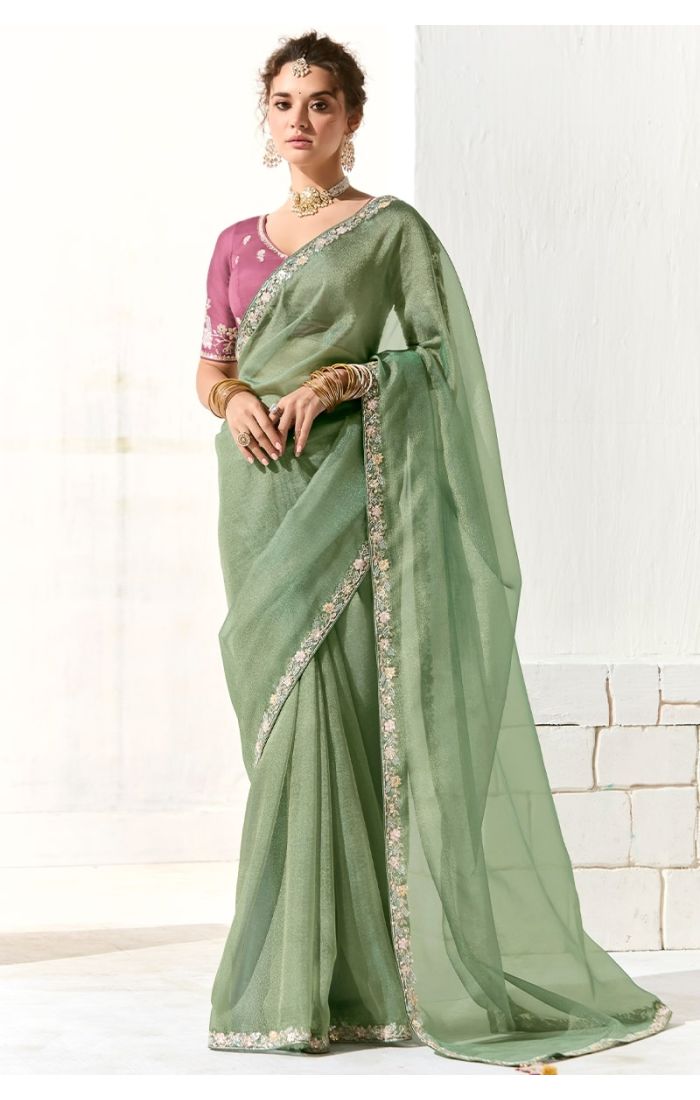 Full-length front view of Sea Green Organza Saree with pink embroidered blouse – ethnic wear for USA