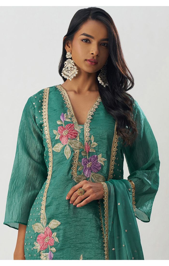 Pakistani Style Teal Crushed Silk Suit with Floral Embroidery, 3/4 Sleeves & V-Neck – SALV5800
