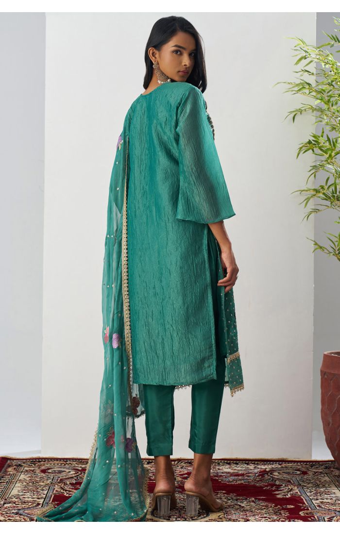 Pakistani Style Teal Crushed Silk Suit with Floral Embroidery, 3/4 Sleeves & V-Neck – SALV5800