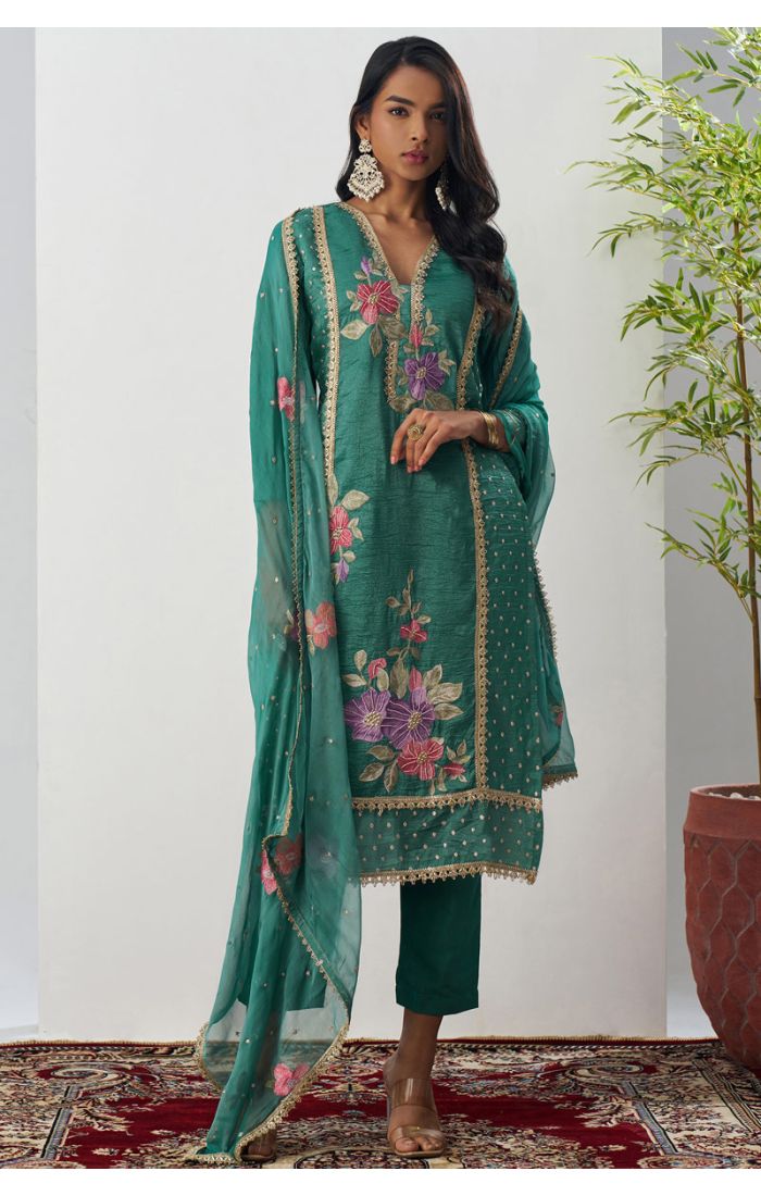 Pakistani Style Teal Crushed Silk Suit with Floral Embroidery, 3/4 Sleeves & V-Neck – SALV5800