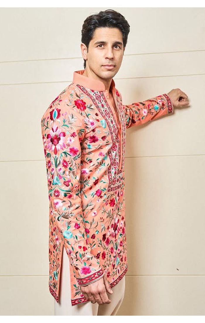 Men’s Peach Floral Embroidered Kurta for Eid and Festive Wear – Wedding & Cultural Outfit