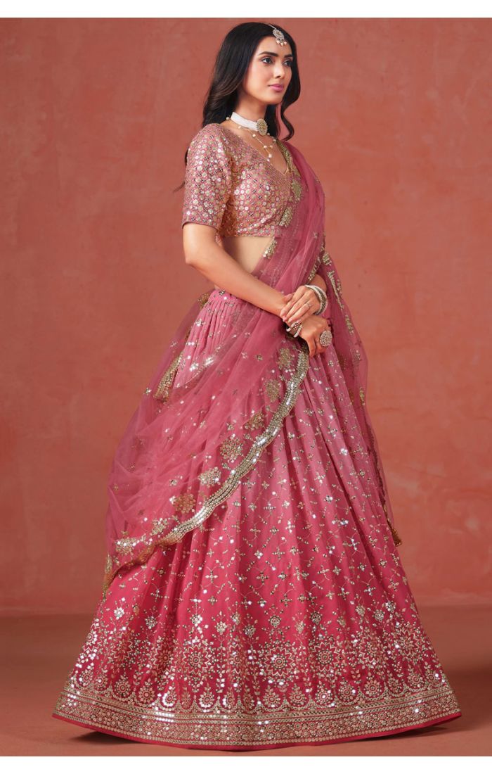 Full View of Peach Georgette Lehenga Set with Net Dupatta
