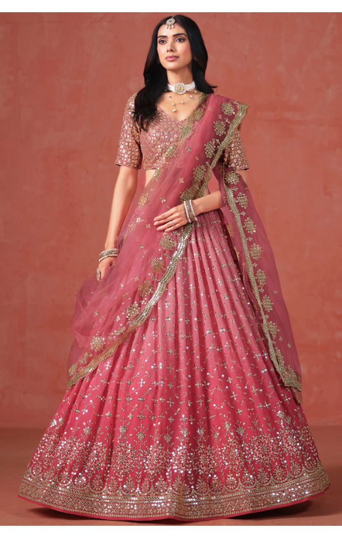 Full View of Peach Georgette Lehenga Set with Net Dupatta