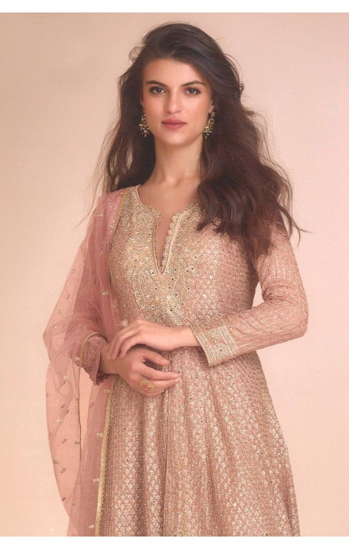 Peach georgette embroidered salwar suit with palazzo and dupatta – ideal Indian festive & wedding wear for USA, UK & Canada.