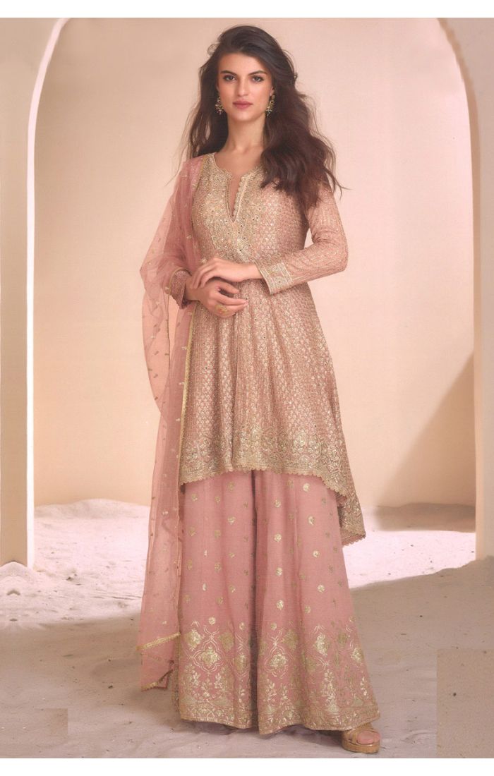 Buy Georgette Peach Embroidered Salwar Suit with Dupatta online - Appelle Fashion | SALV5704