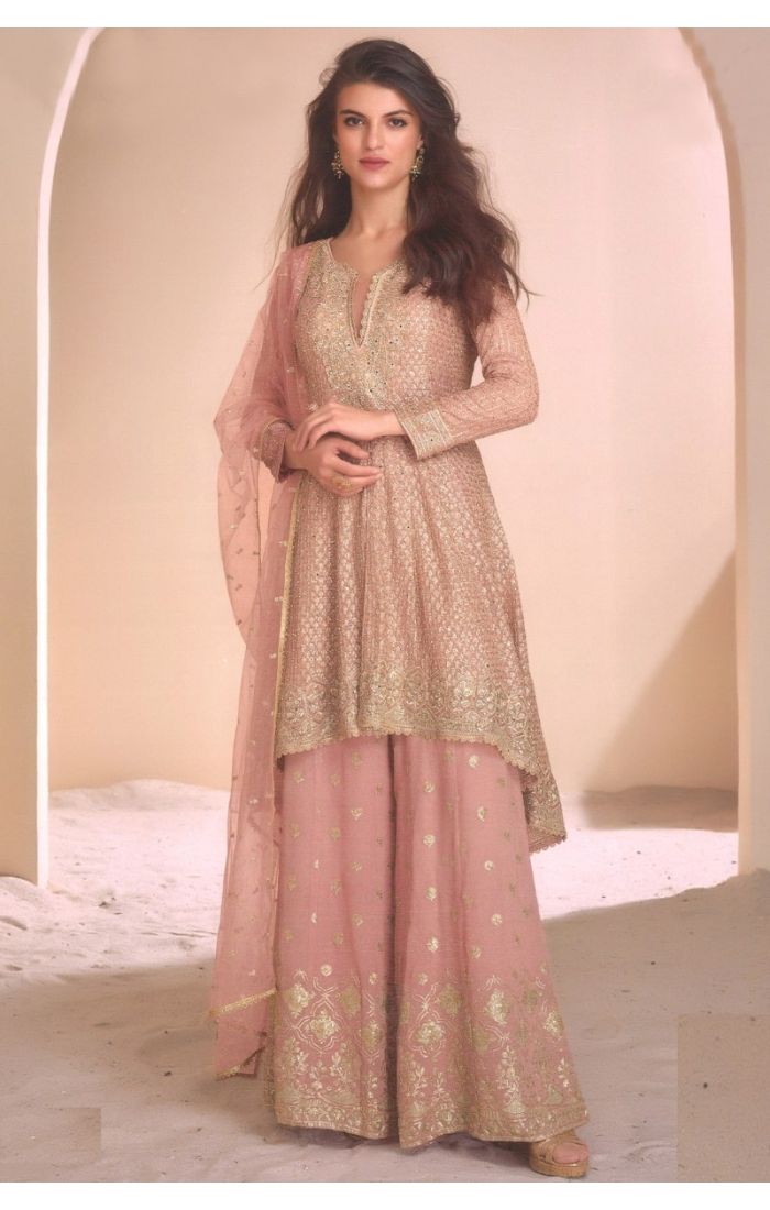 Peach georgette embroidered salwar suit with palazzo and dupatta – ideal Indian festive & wedding wear for USA, UK & Canada.