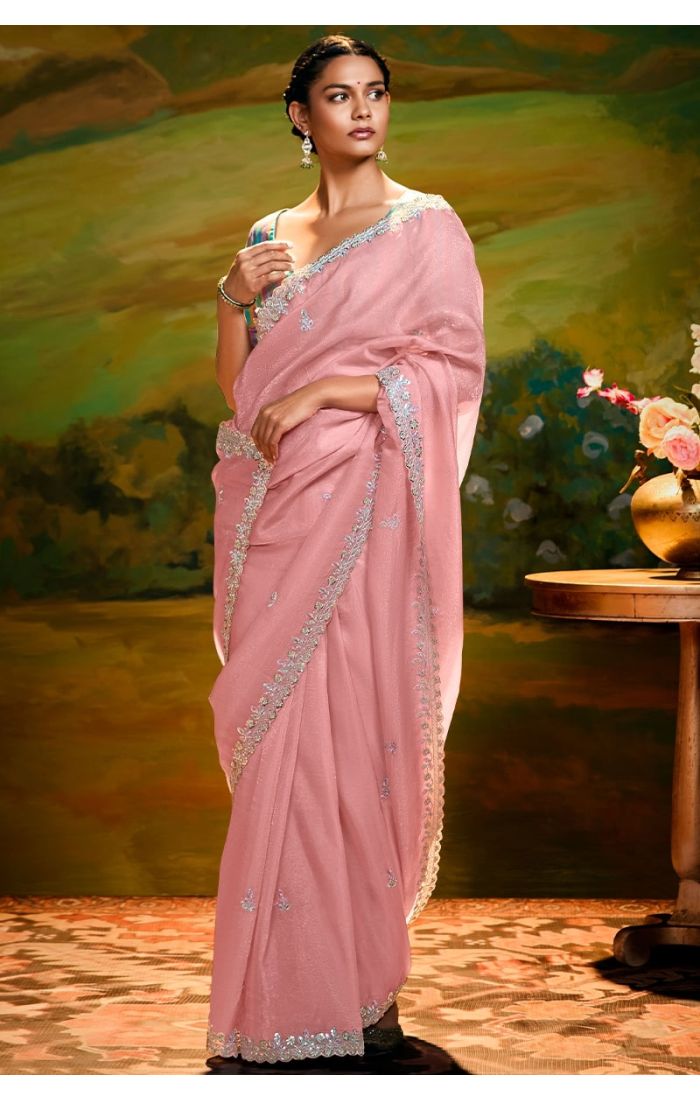 Peach organza saree front view with multicolor raw silk blouse embroidery