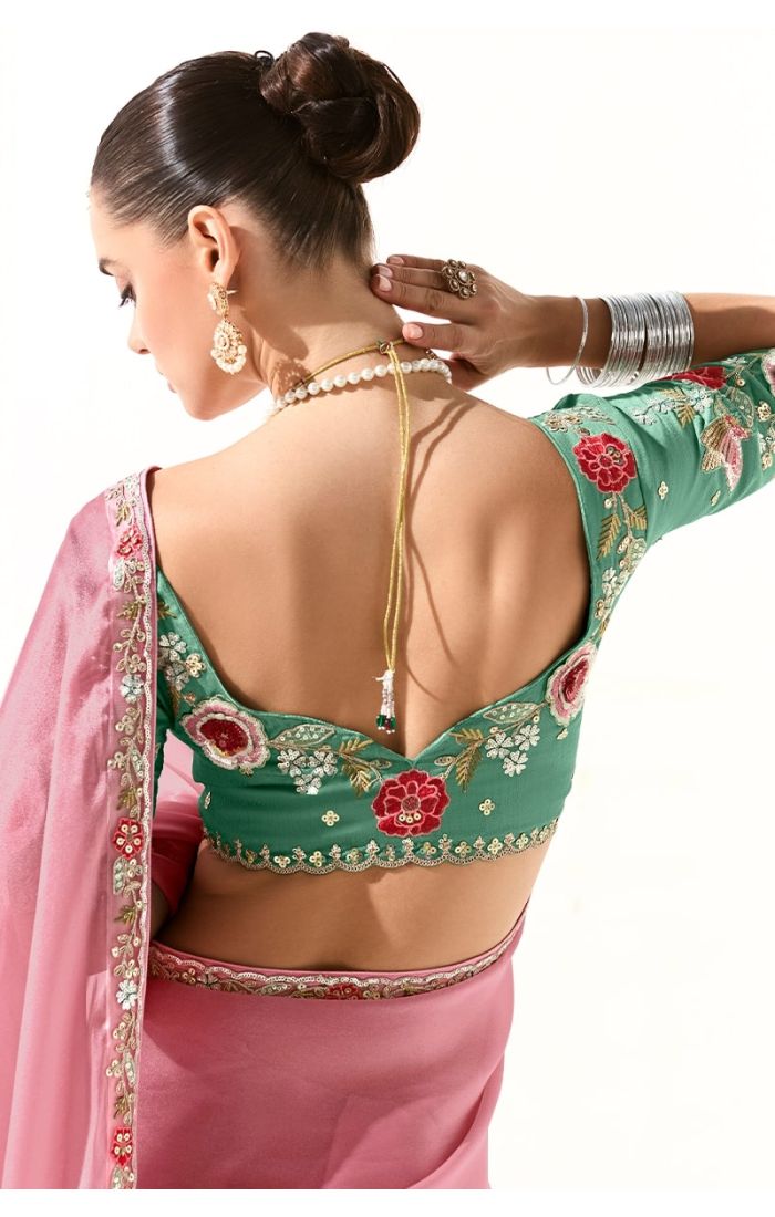 Back design of green embroidered blouse with peach organza tissue silk saree – designer ethnic wear