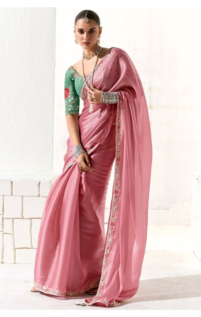 Elegant peach organza tissue silk saree with green embroidered silk blouse front view – ethnic wear USA, UK