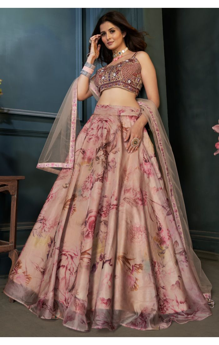 Peach printed silk lehenga choli with sweetheart neck and floral embroidery work