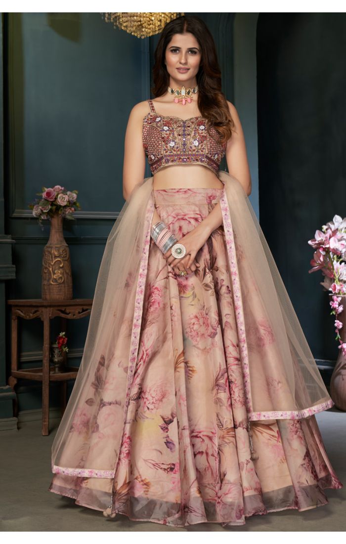 Peach printed silk lehenga choli with sweetheart neck and floral embroidery
