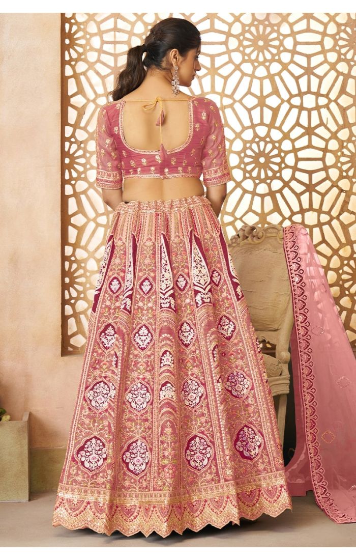Back view of pink bridal lehenga with detailed banarasi embroidery and tassel-tie blouse