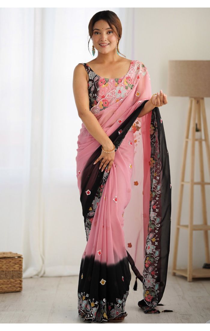 Buy Pink and Black Floral Embroidered Designer Saree for Women in UK and USA Online - SREV3901