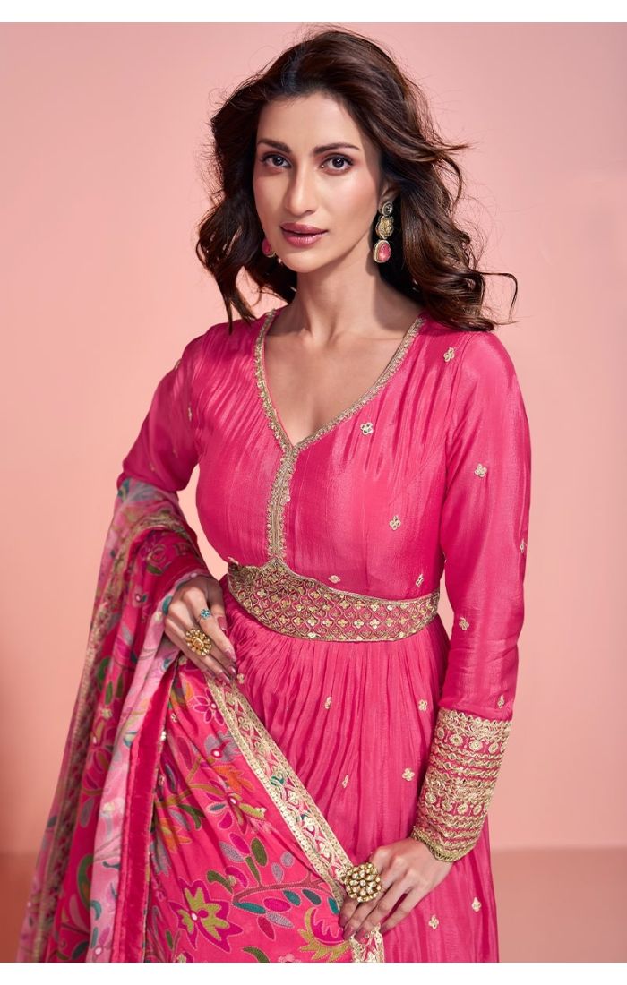 Pink Chinon Embroidered Anarkali Suit with Printed Dupatta