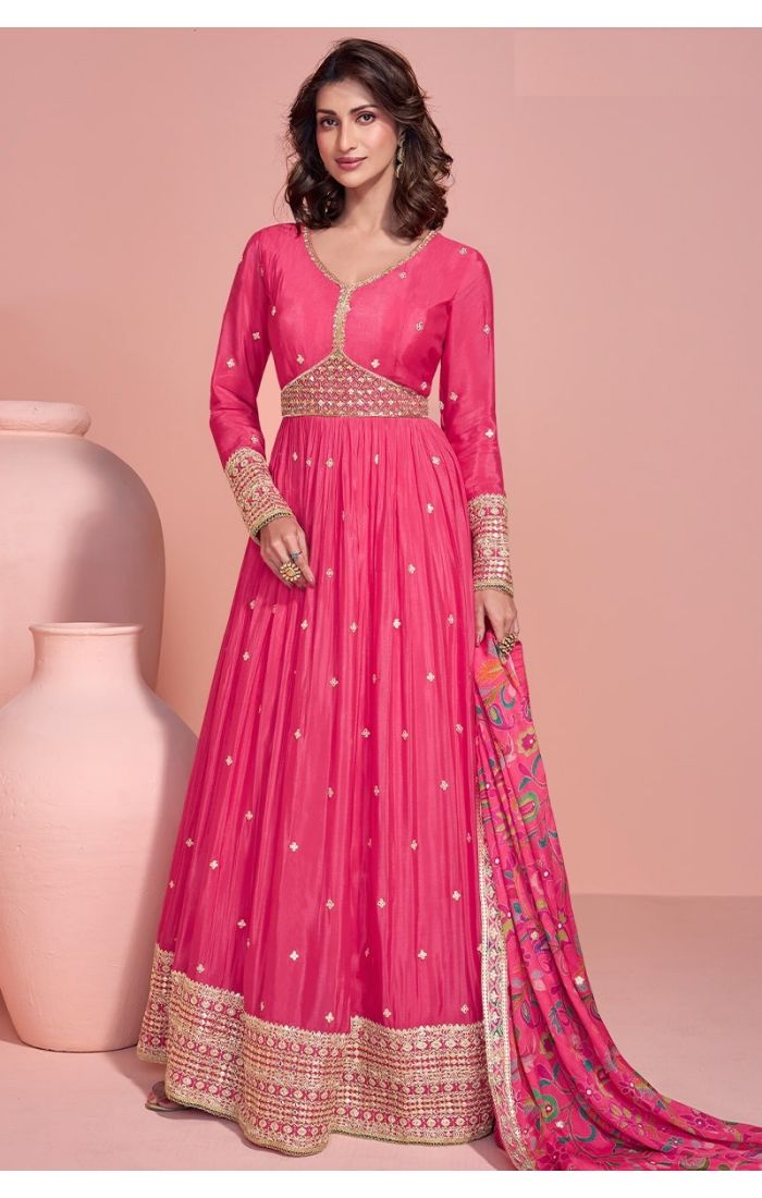 Pink Chinon Embroidered Anarkali Suit with Printed Dupatta