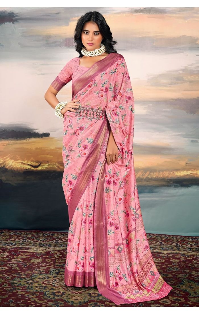 Pink Cotton Silk Saree with Floral Print and Zari Border for Weddings & Festive Wear